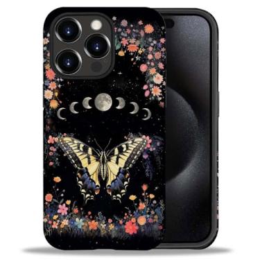 Imagem de DAIZAG Capa compatível com iPhone 15 Pro Max, flores ao redor da lua borboletas capa de plástico macio TPU para iPhone 15 Pro Max, capa de canto de proteção dupla para iPhone 15 Pro Max de 6,7