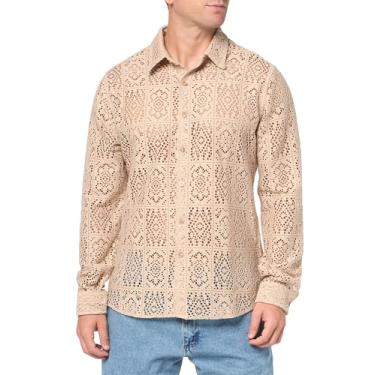 Imagem de GUESS Camisa masculina de manga comprida de crochê artesanal, Areia neutra, GG