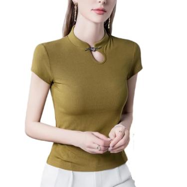 Imagem de Yueary Camisetas femininas de manga curta gola redonda cor sólida slim fit business casual trabalho blusa verão moda pulôver tops, Mostarda, 3G