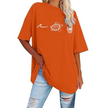 Imagem de Camisetas femininas de verão com estampa de tartaruga marinha, manga curta, gola redonda, túnica larga e larga, blusas de férias na praia, Laranja, XXG