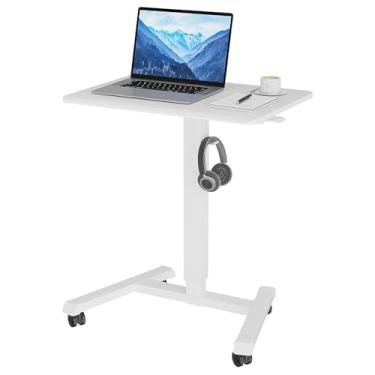 Imagem de BONTEC Mesa móvel com altura ajustável, carrinho de laptop com gancho, estação de trabalho portátil com elevação pneumática, mesa ergonômica com rodas, mesa compacta para escritório doméstico, branca