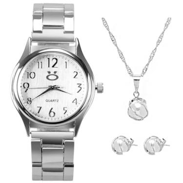 Imagem de Relogio feminino prata aço inox + colar brincos perola social moda original presente