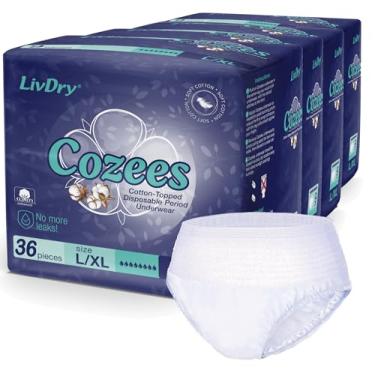 Imagem de Cozees Roupa íntima descartável para mulheres, menstrual e pós-parto, alta absorção, conforto coberto de algodão, feita nos EUA (36 unidades, grande) branca