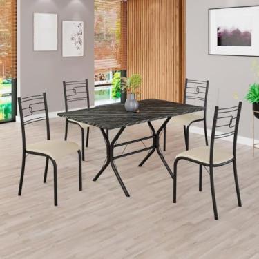 Imagem de Conjunto Sala de Jantar Mesa Retangular 120x75cm Tampo Pedra Ardósia Indiana 4 Cadeiras Paraty Creme/Preto Fosco