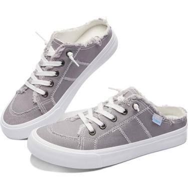 Imagem de Obtaom Tênis feminino de lona com espuma de memória, moderno, confortável, sem cadarço, mule frente única, Cinza, 11