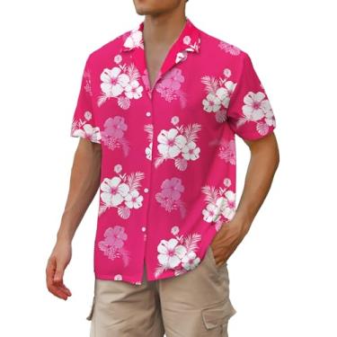 Imagem de Cromoncent Camisa havaiana masculina e masculina manga curta gola cubana tropical férias verão praia camisas, Flor rosa choque, M