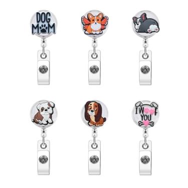 Imagem de Molinete de crachá de cachorro com 6 peças fofo retrátil para crachá de dachshund suporte de crachá engraçado Corgi clipes de carretel de crachá de enfermagem para enfermeira professora médica