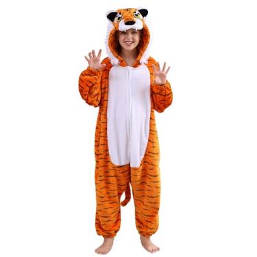 Imagem de SimZoo Pijamas de animais infantis, fantasia cosplay de tigre para meninos, meninas, roupa de dormir, unissex, peça única, 4-13 anos, Tigre, 8-9 Anos