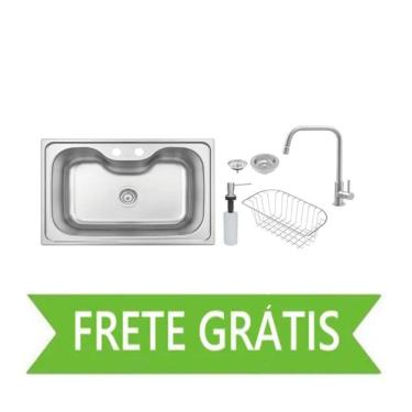 Imagem de Cuba de Sobrepor Morgana 68x48 cm em Aço Inox com Acabamento Acetinado com Torneira, Válvula, Dosador de Sabão e Cesto Tramontina 93806/182