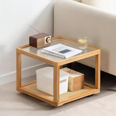 Imagem de Mesa de centro de vidro, mesas de centro pequenas para espaços grandes ou pequenos, mesas de cabeceira de vime, mesa central de 2 camadas com comprimento ajustável, para sala de estar, quarto