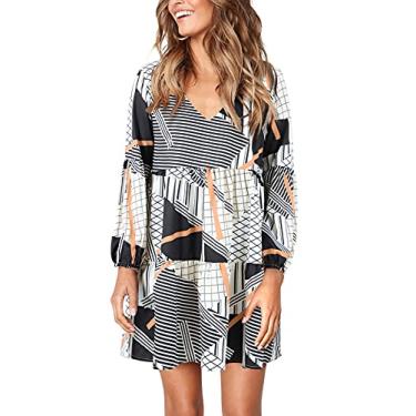 Imagem de Amoretu Vestido túnica feminino, manga comprida, gola V, casual, solto, rodado, rodado, Xadrez listrado, XGG