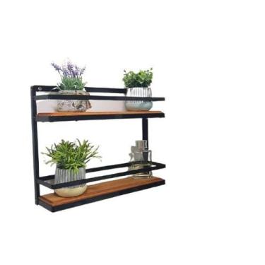 Imagem de Prateleira Ferro Dupla Preta madeira 2 andares 40 cm altura - Shopping