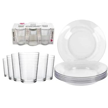Imagem de Jogo Jantar 12 Peças Pratos Fundos Vidro Liso Resistente - Praticasa, 