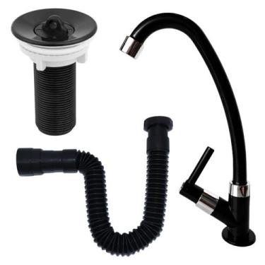 Imagem de Torneira Preta Bancada ABS + Válvula + Sifão Universal - Montelar Acab