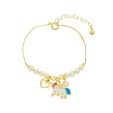 Imagem de Pulseira infantil Menina Pérola Unicornio Banho de Ouro 18k - Crislu J