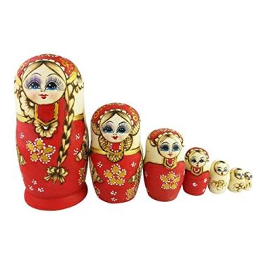 Imagem de Winterworm® Set of 7 7pcs Red Big Braid Montessori Nesting Dolls Russian Wooden Matryoshka Birthday Gifts Home Decoration Preschool Toy