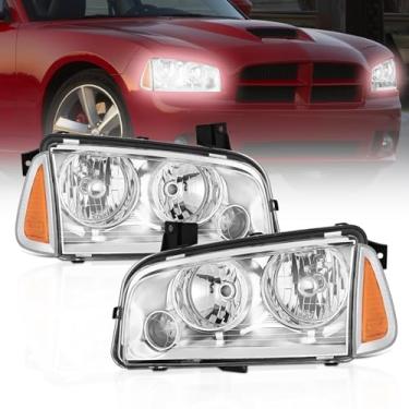 Imagem de Nilight Conjunto de farol compatível com Dodge Charger cromado 2006 2007 2008 2009 2010 carcaça cromada refletor âmbar lente transparente conjunto de faróis de substituição conjunto de lâmpadas de