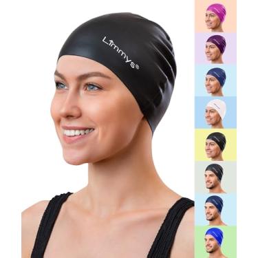 Imagem de Limmys Touca de natação unissex masculina e feminina - Toucas de natação femininas 100% silicone - qualidade premium, chapéus de natação elásticos e confortáveis - disponível em diferentes cores atraentes (preto jato)