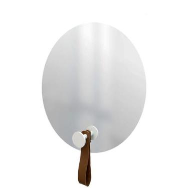 Imagem de Espelho Funcional Hook Branco Alça Caramelo 50 Cm Redondo - e2g Design