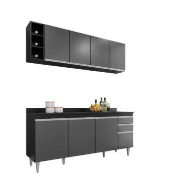 Imagem de Kit Cozinha Balcão Ágatha e Aéreo com Nicho 180cm C/ Tampo Preto com G