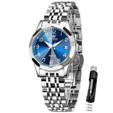 Imagem de OLEVS Relógio feminino clássico número de vestido feminino para mulheres, analógico, quartzo, aço inoxidável, à prova d'água, luminoso, data, dois tons, fácil de ler, relógio de pulso, relógio azul