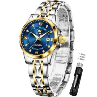 Imagem de OLEVS Relógios femininos de luxo com diamantes pequenos, pulseira de aço inoxidável, impermeável, vestido de negócios, analógico, luminoso, data, relógios femininos, relógio azul feminino 06, relógio