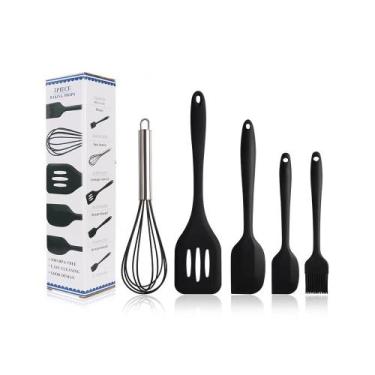 Imagem de Kit 5 Utensílios de Cozinha Silicone Batedor Inox Espátula Pincel Mult
