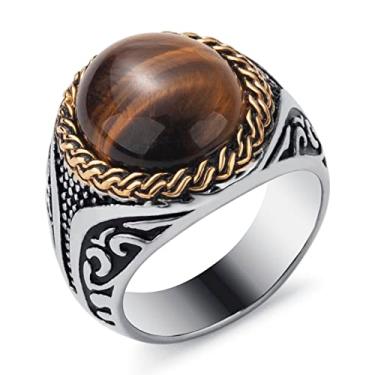 Imagem de KIRTIJW Anel masculino natural de pedra de olho de tigre de aço inoxidável com sinete de pedra preciosa joia para homens e mulheres tamanho 8/9/10/11/12/13, Aço inoxidável, Sem pedra preciosa