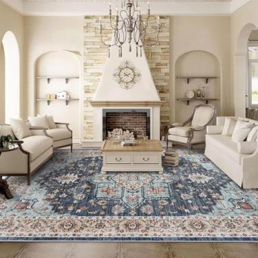 Imagem de Tapete de área oriental lavável - 22 x 30,5 cm para sala de estar, tapete macio para quarto, impermeável, floral, envelhecido, resistente a manchas, resistente a manchas (azul/azul-petróleo/laranja,