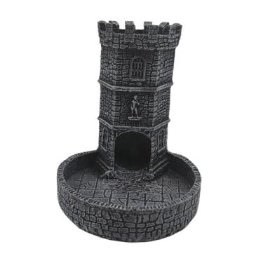 Imagem de harayaa Torre de dados do castelo com bandeja, bandeja de rolamento de dados de escultura de parede, decoração de mesa, resina, jogo de RPG de mesa aleatório, Preto Cinza