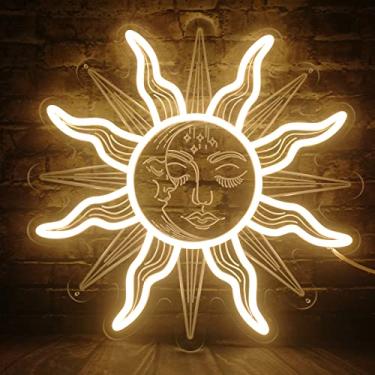 Imagem de KiMineon Luz De Letreiro De Néon Vintage Queimando Sol E Lua - 3D Boho Estética Decoração De Quarto Celestial Mystic Sun Moon Luz De Letreiro Led Com Olhos Fechados Arte De Parede Hippie Psicodélica P