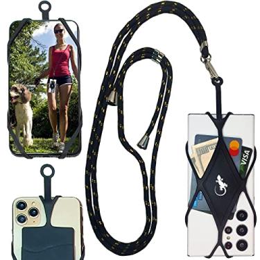 Imagem de Cordão transversal para celular – por Gecko Cell Phone Lanyards para o pescoço compatível com o suporte de pescoço do iPhone – Alça para celular (gola GG com brilho dourado – Diamante negro)