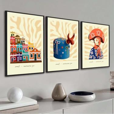Imagem de Kit 3 Quadros decorativos Nordeste - Trio Nordestino – Artesanato nordestino - Boi Bumba - Cangaceiro e Casinhas Nordestinas - Pernambuco; Bahia; Paraíba; Ceará; Quadro sala de Estar Moldura Preta (TRIO 70X50)