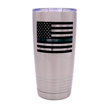 Imagem de Rogue River Tactical Caneca de viagem de aço inoxidável fina com bandeira verde grande, 590 ml, militar, federal, policial, patrulha fronteiriça, guarda do parque