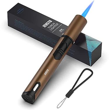 Imagem de JEVSTU Isqueiro de butano, tocha com janela de nível de combustível, acendedor de jato de fogo ajustável para lareira, caneta à prova de vento para churrasco, marrom, fluido não incluído
