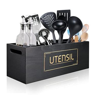 Imagem de Utensil Holder Extra Large Utensil Organizer with 4 Compartments, Wooden Rustic Utensil Crocks for Kitchen Counter, Farmhouse Cooking Utensil Caddy Countertop Spatula Silverware Spoon Holder - BlackF