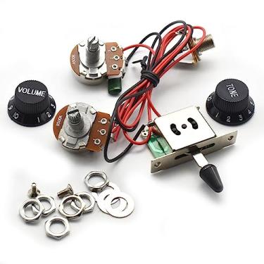 Imagem de SoulDiM Chicote de fiação de guitarra 1 volume 1 tom 3 vias 500K Big Pots kit de fiação de interruptor de 3 vias com saída 6,35 e botões pretos para guitarra elétrica