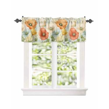 Imagem de Cortinas curtas com bolso para varão de janela, flores de papoula em aquarela para cozinha, cortina botânica vintage, tratamento de janela para quarto, sala de estar, banheiro, 137 x 45 cm