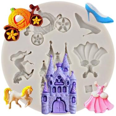 Imagem de CANYANGMOLD Moldes de doces com tema Cinderela Castelo de Contos de Fadas Carruagem de Abóbora Vestido de Princesa Sapatos de Cristal Molde de Silicone para Decoração de Bolos Topo de Cupcake Pasta de