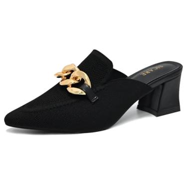 Imagem de SICARE Mules de salto para mulheres, bico fechado, salto grosso, mulas, malha elástica, bico fino, sandálias confortáveis, sem cadarço, sandálias deslizantes para negócios e uso diário, Preto, 41