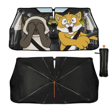 Imagem de Guarda-sol de para-brisa de carro guarda-chuva engraçado gato dobrável guarda-chuva de para-brisa 144.8 cm x 76.2 cm bloqueio UV e isolamento térmico automotivo janela frontal protetor solar para a