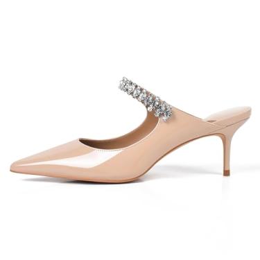 Imagem de XINIUNIU Mules de salto feminino com tiras de cristal, bico fino, sandália sem cadarço para mulheres com strass, 6,5 cm, nude, 10.5