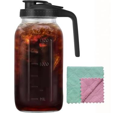 Imagem de Jarra de vidro de 1,8 l com alça e tampa, pote de vidro de 2 litros, jarro de água grande, recipientes de vidro para geladeira, jarra de água para suco, chá gelado e sol, café frio, bebidas caseiras