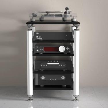 Imagem de WUHUQN Suporte de mídia, gabinete de armazenamento de mídia AV com espaçamento ajustável, suporte de áudio de DVD portátil multicamadas, suporte de TV à prova de choque, para consoles de jogos/DVD