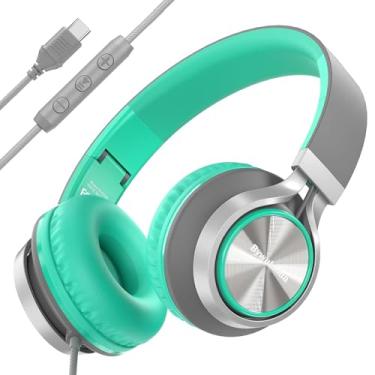 Imagem de Bywulanda Fones de ouvido USB C com microfone e controle de volume, fones de ouvido estéreo sobre a orelha para iPhone 15 16 Pro, fones de ouvido dobráveis com fio para smartphones Chromebook Laptop