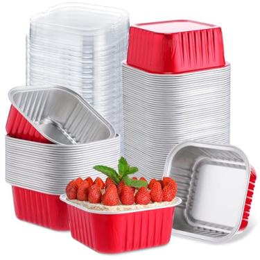 Imagem de Skylety 100 peças, mini assadeira quadrada de 142 g com tampa, forma de cupcake de alumínio, copo de brownie, ramequins descartáveis, recipientes individuais de estanho para cozinha, material de grau