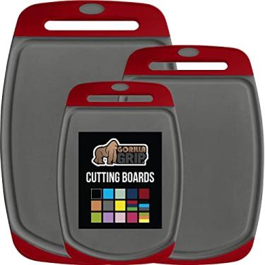Imagem de GORILLA GRIP Tábua de corte grande, conjunto de 3 peças, para cozinha, livre de BPA, alça de fácil aderência, lavável na lava-louças, não porosa, as tábuas são extra grandes e grossas, ranhuras de suco, Gray/Red, 3-Piece, 1