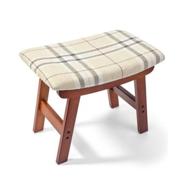 Imagem de BAMBOO LAND - Banco para os pés, descanso de pés otomano, banquinho de bambu sob a mesa, banquinho pequeno para sala de estar com pernas naturais - Cor da superfície do banquinho listrado