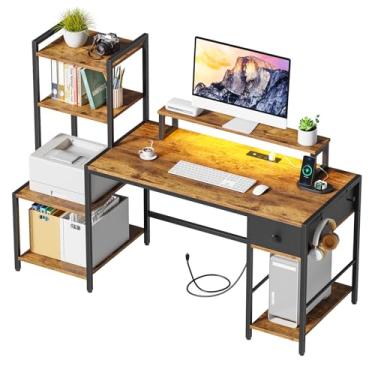 Imagem de Creso hom Mesa de computador com suporte para impressora, mesa de escritório de 150 cm com estação de carregamento, mesa de escritório em casa com LED e suporte para monitor, mesa reversível para