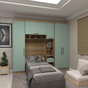Imagem de Quarto De Solteiro Com Guarda Roupas E Mesa De Cabeceira Paris Luciane Móveis Avelã Pf Com Verde Pf